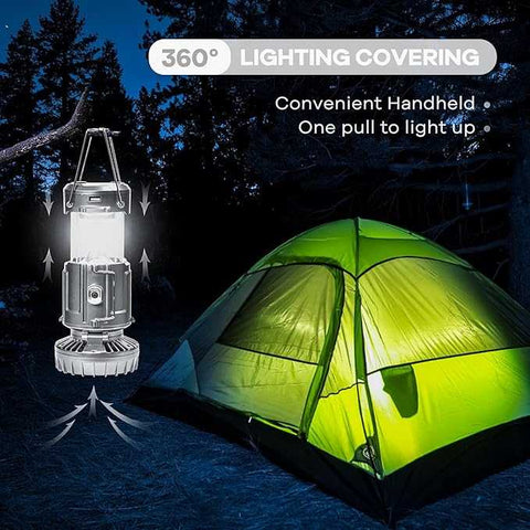6-in-1 Portable Camping Lantern – Solar Rechargeable LED Light with Fan
